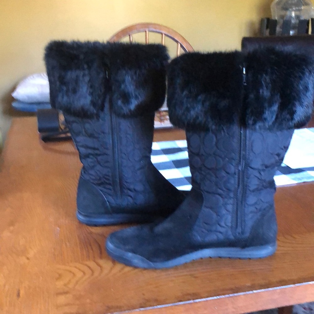 Coach Talen black suede/fabric fur lined mid calf boots